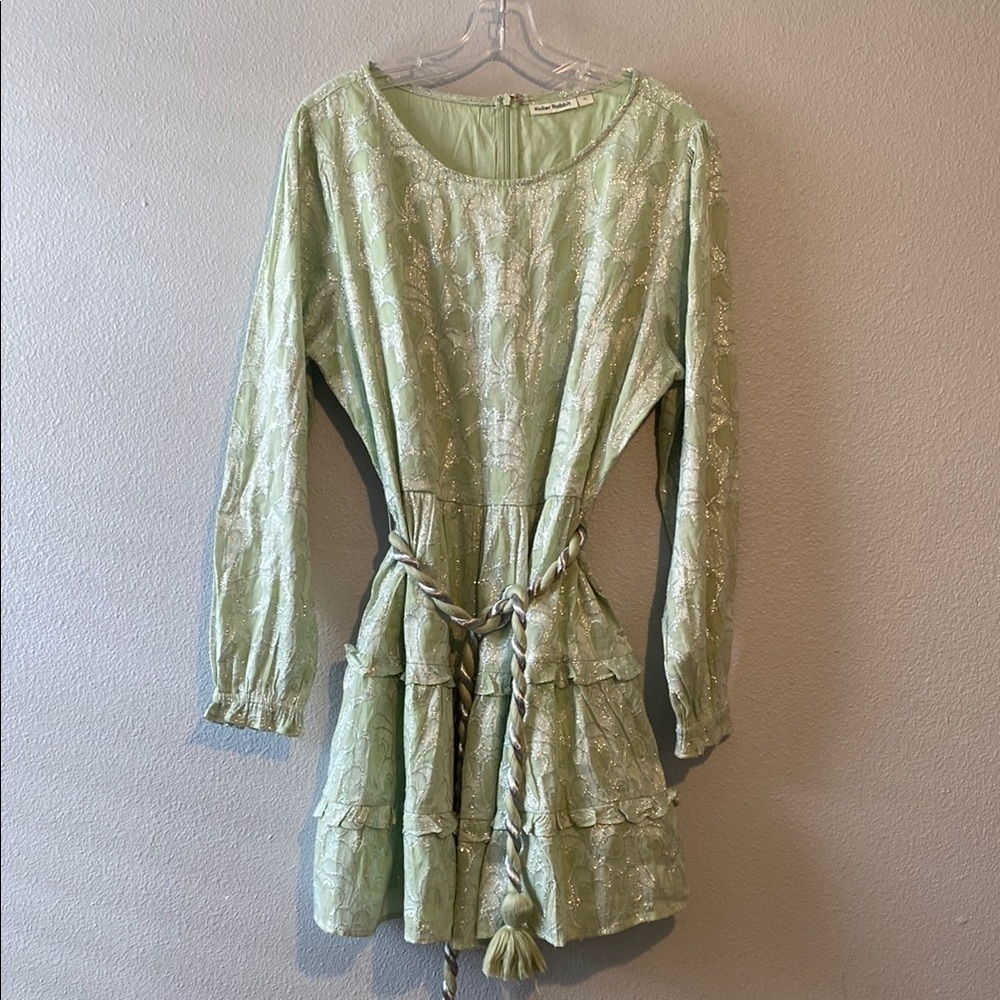 Roller Rabbit Mint Green Mini Dress Clermont Nori Silver Tie Tassels Tiered